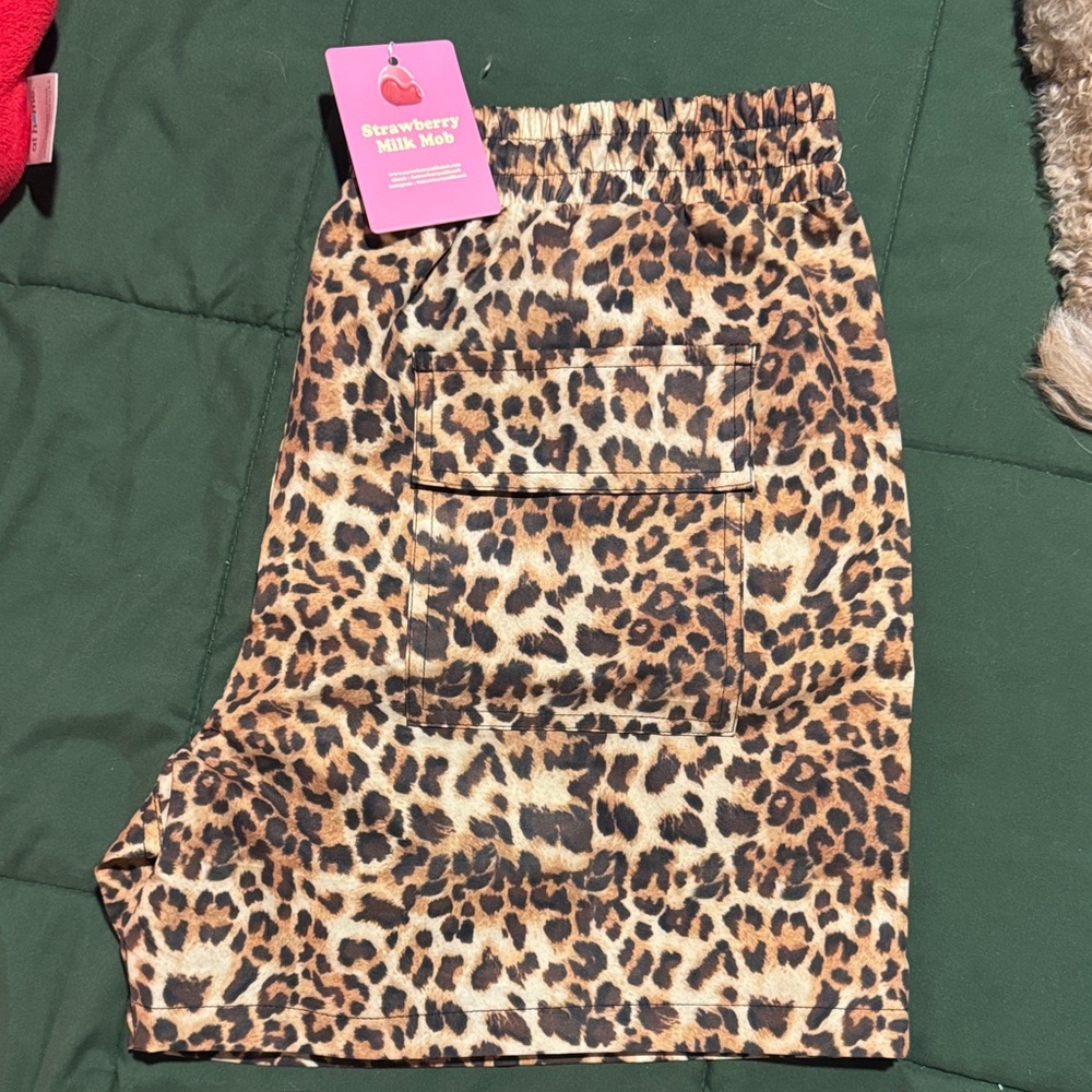 Strawberry Milk Mob Leopard Print Swim Trunks